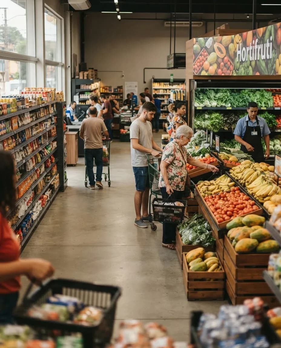 Clientes fazendo compras em um supermercado, perto da seção de hortifrúti